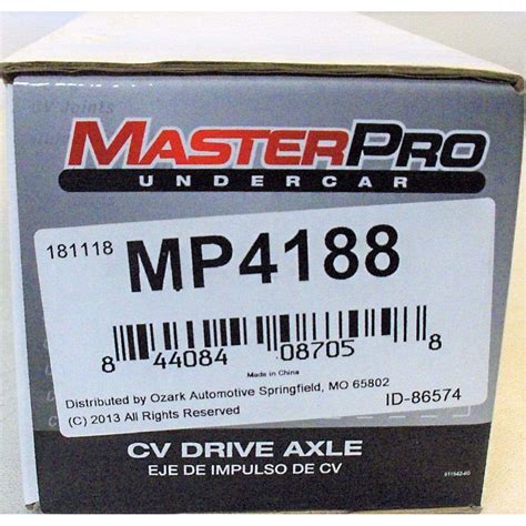 Masterpro undercar - MasterPro CV Axle Shaft - MP4232. CV Axle Shaft; Limited Lifetime Warranty; ABS axles fit non-ABS applications unless otherwise noted; ISO 9001:1007 and TS 16949:2009 Certified Company. O'Reilly Auto Parts carries MasterPro CV products. Choose an item or category to find the specific products you know and trust. 